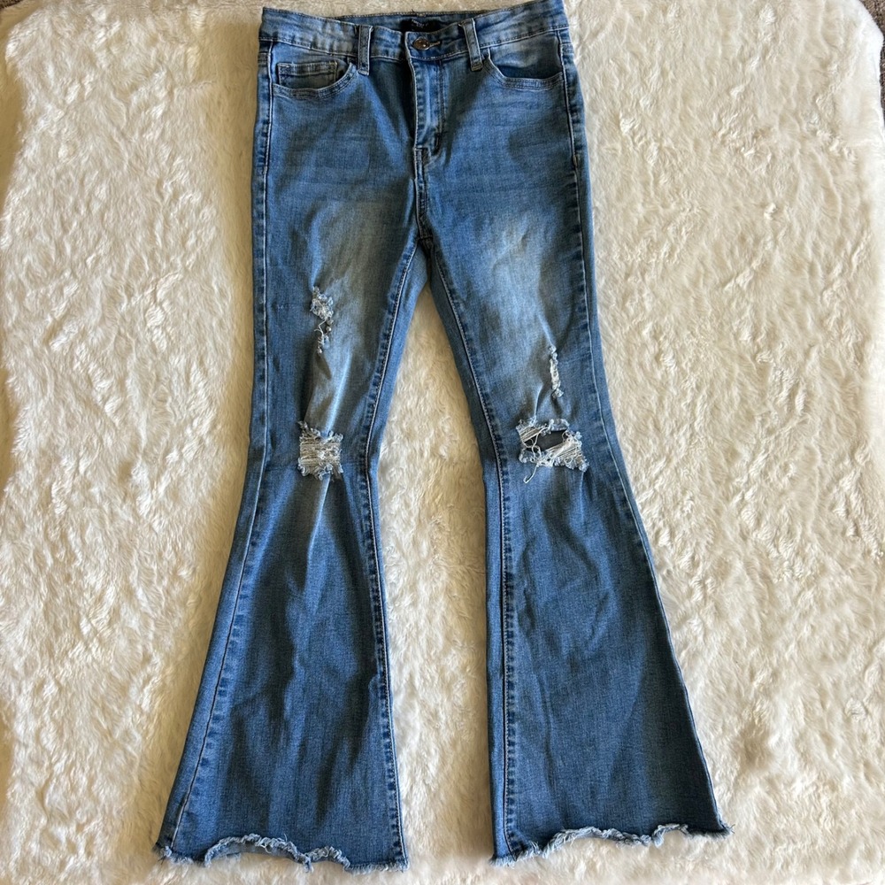 Forever 21 Girls Flare Jeans 11/12 Blue Excellent Distressed Raw Hem Boho